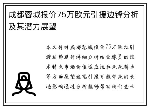 成都蓉城报价75万欧元引援边锋分析及其潜力展望