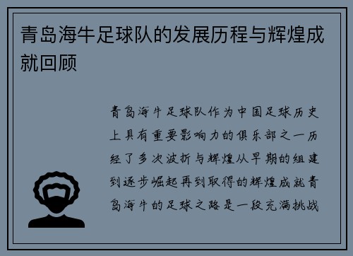 青岛海牛足球队的发展历程与辉煌成就回顾